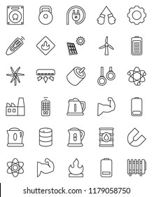 thin line vector icon set - kettle vector, atom, magnet, weight, muscule hand, boxing glove, gymnast rings, flammable, oil barrel, remote control, battery, rca, gear, solar panel, windmill, factory