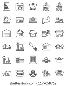thin line vector icon set - house hold vector, skimmer, school building, university, bank, muscule hand, dry cargo, hospital, cottage, chalet, garage, barn, sold signboard, apartments, office, store