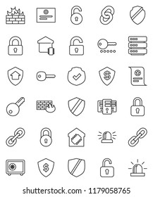 thin line vector icon set - certificate vector, dollar shield, safe, protected, link, big data, server, firewall, chain, lock, unlock, key, siren, smart home, protect, password