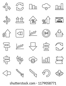thin line vector icon set - graph vector, crisis, percent growth, dollar, arrow down, route, signpost, top sign, sorting, backward button, cloud exchange, refresh, undo, upload, low price signboard
