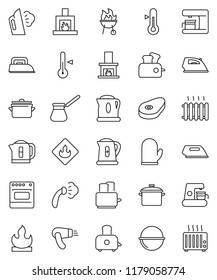 thin line vector icon set - iron vector, steaming, pan, camping cauldron, kettle, cook glove, turk coffee, toaster, thermometer, bbq, steak, flammable, fireplace, heating, maker, oven, hair dryer
