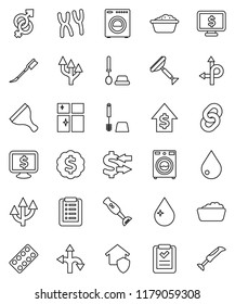 thin line vector icon set - scraper vector, water drop, car fetlock, toilet brush, washer, foam basin, shining window, blender, exchange, dollar growth, medal, monitor, route, gender sign, chain