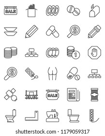 thin line vector icon set - toilet vector, plates, pasta, pencil, corner ruler, coin stack, money search, hierarchy, buttocks, pills, Railway carriage, satellite, newspaper, stop, sale signboard
