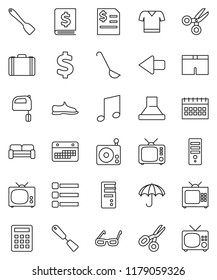 thin line vector icon set - spatula vector, ladle, mixer, glasses, scissors, music, case, annual report, calendar, dollar sign, snickers, shorts, t shirt, umbrella, radio, tv, menu, arrow, hood