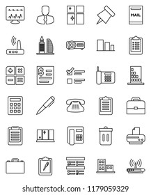 thin line vector icon set - trash bin vector, shining window, case, pen, clipboard, paper pin, exam, manager, receipt, sorting, classic phone, diagnostic monitor, router, mailbox, apartments