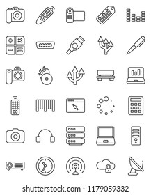 thin line vector icon set - pen vector, laptop graph, clock, barcode, music hit, camera, antenna, equalizer, remote control, headphones, notebook pc, hdmi, cloud lock, big data, browser, bench