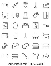 thin line vector icon set - plunger vector, vacuum cleaner, fetlock, mop, bucket, sponge, car, rubber glove, spatula, microwave oven, double boiler, fridge, washer, dishwasher, mixer, multi cooker