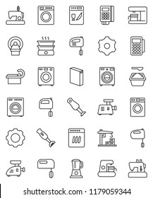 thin line vector icon set - washer vector, washing powder, mixer, blender, tomography, gear, construction crane, card reader, dishwasher, coffee maker, meat grinder, double boiler, sewing machine