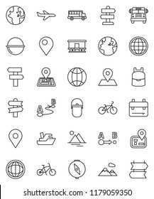 thin line vector icon set - camping cauldron vector, backpack, compass, school bus, world, bike, signpost, navigator, earth, map pin, plane, ship, route, Railway carriage, globe, mountain
