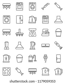 thin line vector icon set - vacuum cleaner vector, bucket, kettle, scales, oven, blender, air conditioner, fridge, washer, coffee maker, hood