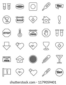 thin line vector icon set - sieve vector, arrow down, heart pulse, no alcohol sign, cross, attention, glass, rec button, thermometer, vial, stop, sale signboard, low price, love home, new