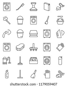 thin line vector icon set - broom vector, vacuum cleaner, mop, bucket, sponge, car fetlock, steaming, washer, washing powder, cleaning agent, rubber glove