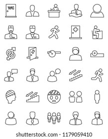 thin line vector icon set - water closet vector, student, manager, man, stairways run, support, client, speaking, doctor, gender sign, eye hat, head bandage, medical room, consumer