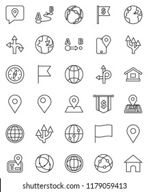 thin line vector icon set - compass vector, world, flag, dollar, route, navigator, earth, map pin, traking, internet, connection, globe, arrow, home