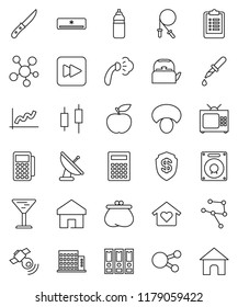 thin line vector icon set - steaming vector, kettle, knife, mushroom, calculator, graph, japanese candle, binder, diet, clipboard, jump rope, water bottle, glass, satellitie, social media, dropper