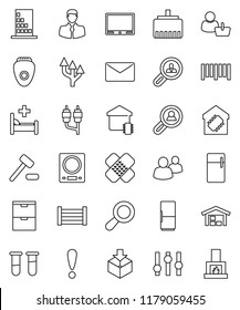 thin line vector icon set - attention vector, client, wood box, package, barcode, settings, group, rca, vial, patch, hospital bed, lan connector, mail, route arrow, magnifier, barn, search, fridge