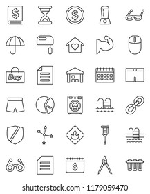 thin line vector icon set - washer vector, drawing compass, glasses, document, constellation, dollar coin, pie graph, annual report, calendar, muscule hand, shorts, pool, umbrella, warehouse, link