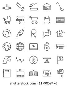 thin line vector icon set - water tap vector, welcome mat, ladle, copybook, world, constellation, dollar medal, flag, jump rope, muscule hand, warehouse, weight, notebook pc, hdmi, hospital building
