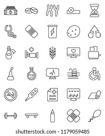 thin line vector icon set - toaster vector, potato, barbell, stadium, punching bag, boxing glove, skateboard, enegry drink, fitness mat, cereals, pool, no smoking, heart monitor, disabled, flask