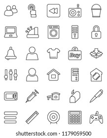 thin line vector icon set - bucket vector, ruler, pen, bell, notebook pc, calculator, target, radio, settings, touchscreen, group, backward button, syringe, menu, user, cottage, smart home, mailbox