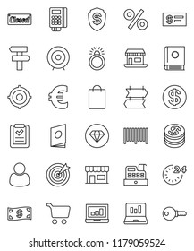 thin line vector icon set - cart vector, laptop graph, target, euro sign, office, dollar coin, cash, closed, 24 hour, shopping bag, percent, store, customer, barcode, card reader, cashbox, list