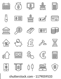 thin line vector icon set - bank vector, gold ingot, japanese candle, percent growth, money bag, piggy, dollar, coin stack, auction, check, building, calculator, receipt, search, sand clock, flag