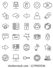 thin line vector icon set - world vector, internet, connection, network, notebook, server, cloud shield, exchange, big data, browser, gear, usb modem, favorites, message, arrow, globe, lock, user