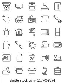thin line vector icon set - plates vector, sink, pan, measuring cup, cook hat, apron, glove, press, skimmer, spatula, cutting board, hand mill, microwave oven, spices, jar, fridge, dishwasher, mixer