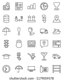 thin line vector icon set - navigator vector, earth, map pin, attention, money, traffic light, phone, traking, ship, truck trailer, delivery, car, clock, receipt, consolidated cargo, glass, umbrella