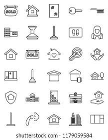 thin line vector icon set - plunger vector, fetlock, mop, car, window cleaning, welcome mat, steaming, shining, house hold, cleaner woman, university, school building, dry cargo, key, chalet, office