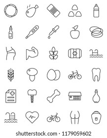 thin line vector icon set - oil vector, cereal, egg, mushroom, chicken leg, apple fruit, heart pulse, bike, muscule hand, buttocks, water bottle, cereals, pool, first aid kit, bone, hoop, dropper