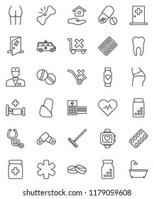 thin line vector icon set - rake vector, house hold, pills vial, buttocks, heart monitor, no trolley, ambulance star, pulse, doctor, broken bone, stethoscope, bottle, blister, hospital bed, building