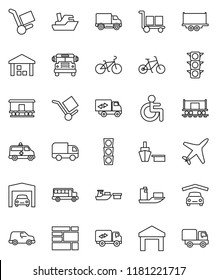 thin line vector icon set - school bus vector, bike, Railway carriage, plane, traffic light, ship, truck trailer, delivery, car, port, consolidated cargo, warehouse, disabled, amkbulance, garage