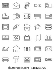 thin line vector icon set - welcome mat vector, microwave oven, pen, glasses, music, cash, roller Skates, money, top sign, film frame, link, mail, home, bench, connection, water supply, fence, video