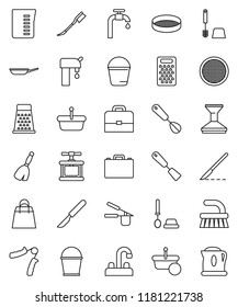 thin line vector icon set - broom vector, fetlock, bucket, car, toilet brush, water tap, pan, measuring cup, cook press, whisk, spatula, grater, sieve, case, hand trainer, scalpel, supply, basket