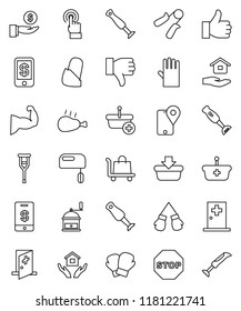thin line vector icon set - rubber glove vector, house hold, hand mill, blender, chicken leg, investment, trainer, muscule, boxing, traking, touchscreen, finger up, down, crutches, bandage, stop