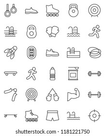 thin line vector icon set - target vector, barbell, weight, hand trainer, muscule, snickers, boxing glove, shorts, roller Skates, skateboard, sports nutrition, water bottle, shuttlecock, pool, hoop
