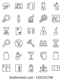 thin line vector icon set - scraper vector, window cleaning, shining, measuring cup, hand mill, spices, jug, jar, oil, flask, no alcohol sign, glass, vial, magnifier, sand clock, potion, cloud