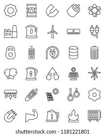 thin line vector icon set - kettle vector, atom, magnet, weight, muscule hand, boxing glove, gymnast rings, flammable, oil barrel, remote control, battery, rca, gear, solar panel, windmill, factory