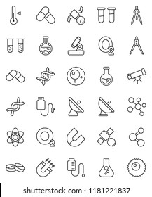 thin line vector icon set - thermometer vector, drawing compass, atom, telescope, microscope, magnet, flask, pills, molecule, oxygen, satellite, antenna, vial, dna, drop counter, ovule