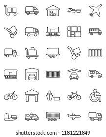 thin line vector icon set - school bus vector, bike, Railway carriage, plane, ship, truck trailer, sea container, delivery, car, port, consolidated cargo, warehouse, disabled, amkbulance, garage