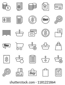 thin line vector icon set - dollar coin vector, credit card, stack, receipt, estate document, search, new, shopping bag, buy, barcode, reader, basket, cart, list