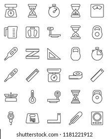 thin line vector icon set - measuring cup vector, scales, corner ruler, sand clock, stopwatch, weight, big, thermometer, store, kitchen