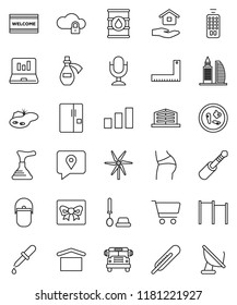 Thin Line Vector Icon Set - Plunger Vector, Welcome Mat, Toilet Brush, House Hold, Camping Cauldron, Corner Ruler, School Bus, Cart, Laptop Graph, Horizontal Bar, Buttocks, Traking, Dry Cargo, Jack