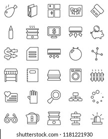 thin line vector icon set - sponge vector, rubber glove, shining window, chicken leg, copybook, glasses, document, constellation, exchange, piggy bank, binder, hierarchy, monitor dollar, fitball