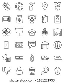 thin line vector icon set - sprayer vector, cleaning agent, award cup, magnifier, binder, personal information, medal, enegry drink, signpost, car, clock, warehouse, music hit, internet, finger down