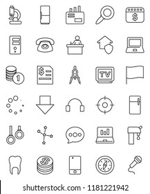 thin line vector icon set - drawing compass vector, student, notebook pc, flag, magnifier, constellation, laptop graph, coin stack, annual report, arrow down, dollar calendar, gymnast rings, tv