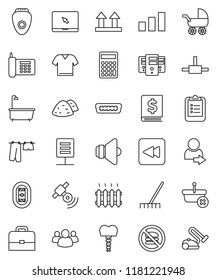 thin line vector icon set - rake vector, bath, drying clothes, garbage pile, case, clipboard, annual report, calculator, no fastfood, stadium, phone, top sign, sorting, satellitie, speaker, group