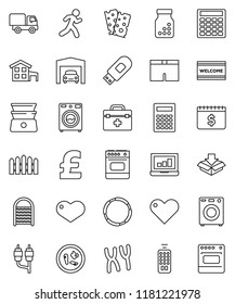 thin line vector icon set - welcome mat vector, washer, washboard, double boiler, calculator, laptop graph, dollar calendar, pound, shorts, breads, hoop, run, remote control, heart, rca, doctor bag