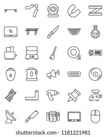 thin line vector icon set - broom vector, colander, knife, toaster, double boiler, corner ruler, paper pin, magnet, measuring, hand trainer, horizontal bar, skateboard, oxygen, satellite antenna, tv